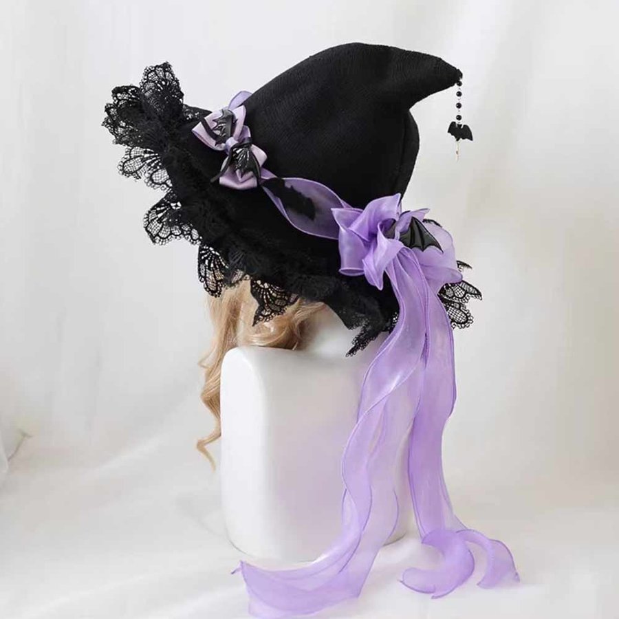 Handmade Black Crochet Witch Hat with Purple Ribbon and Bat Decorations, 52-54cm