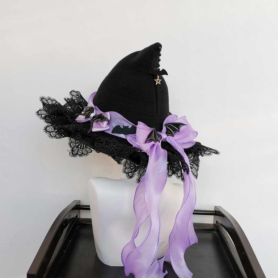 Handmade Black Crochet Witch Hat with Purple Ribbon and Bat Decorations, 52-54cm