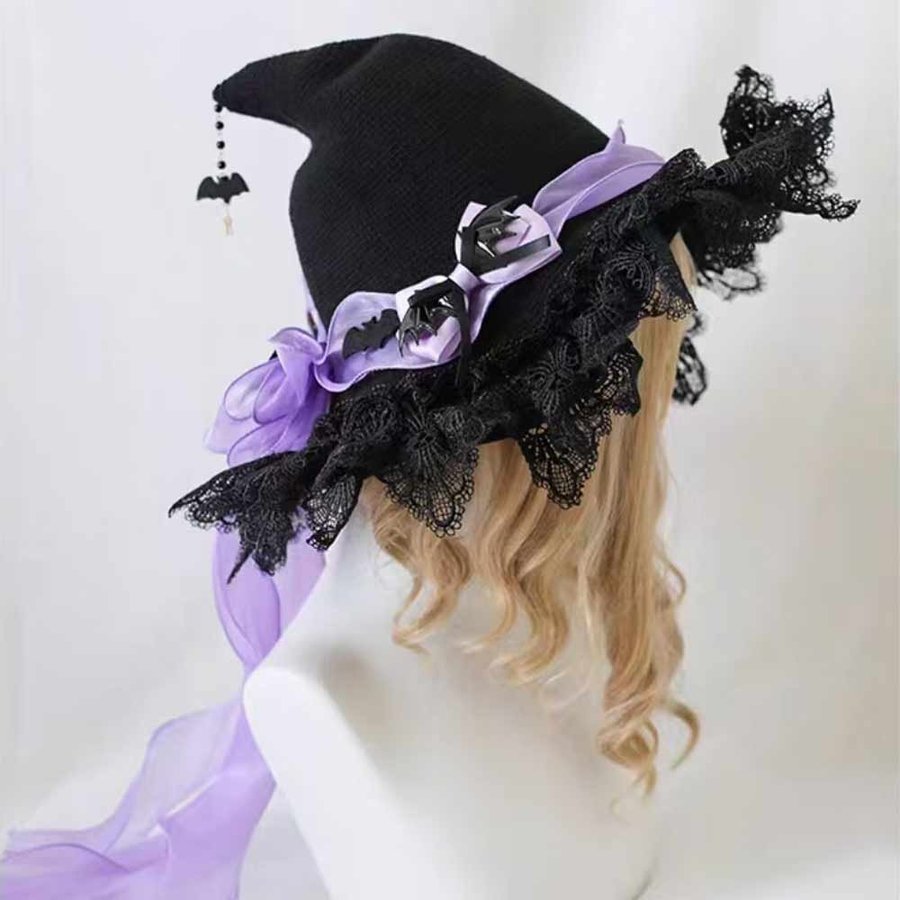 Handmade Black Crochet Witch Hat with Purple Ribbon and Bat Decorations, 52-54cm