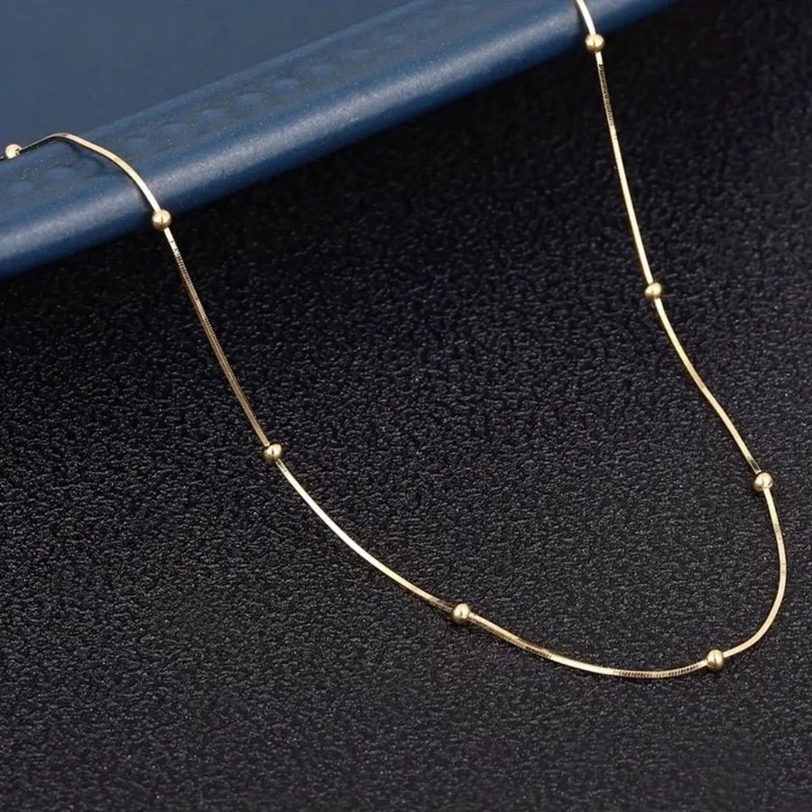 Minimalistisk 18K Guld Halsband Ormlänk med Guldpärlor | 18K Guldpläterad