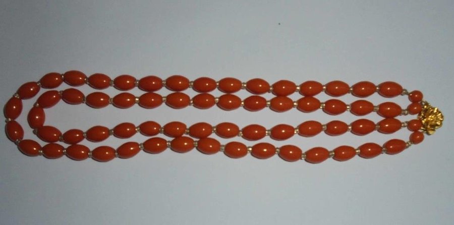 halsband av orange glas 2 rader vintage 50-tal