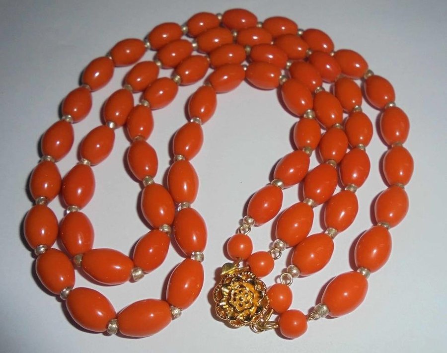 halsband av orange glas 2 rader vintage 50-tal