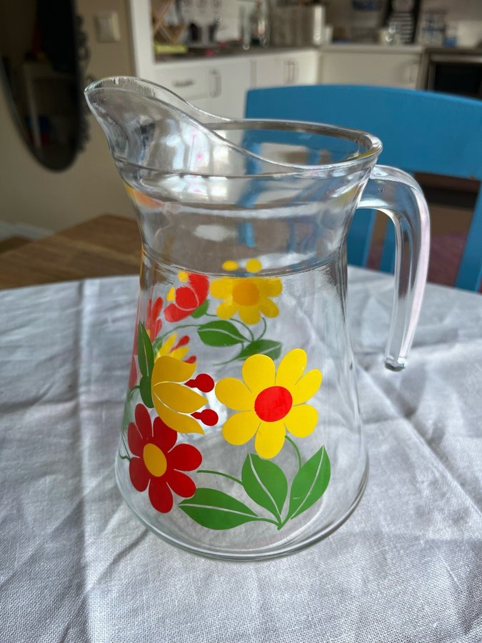 Glaskanna med blommotiv retro 70-tal 1 liter