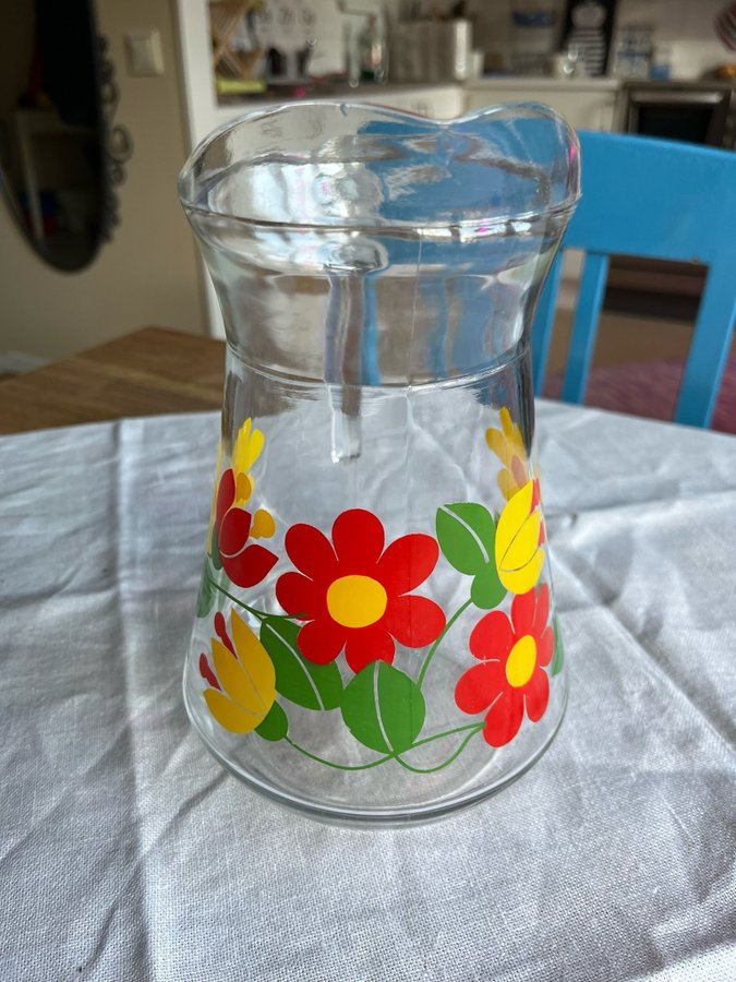 Glaskanna med blommotiv retro 70-tal 1 liter