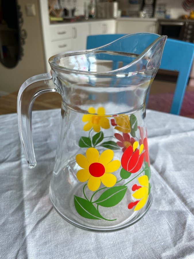 Glaskanna med blommotiv retro 70-tal 1 liter