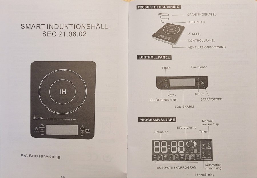 INDUKTIONSPLATTA / INDUKTIONSSPIS. Kliver. Modell HC-C20QA. SEC 21.06.02.