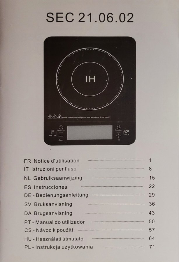 INDUKTIONSPLATTA / INDUKTIONSSPIS. Kliver. Modell HC-C20QA. SEC 21.06.02.