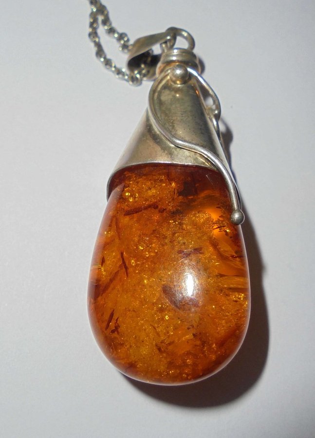 bärnste amber halsband i silver med stor bärnstenshänge vintage