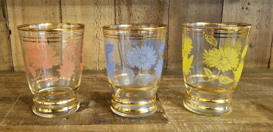 Glas med guldkanter och blommor frostat glas retro vintage Frankrike