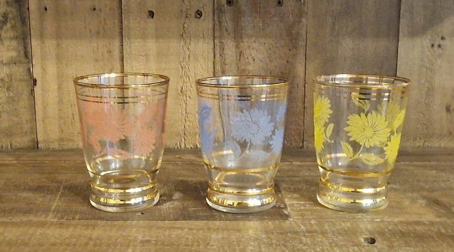 Glas med guldkanter och blommor frostat glas retro vintage Frankrike