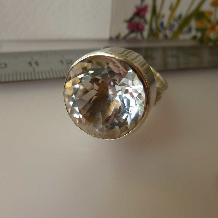 Äkta vintage fin silver ring m stor sten bergkristall st 17 design HANSEN Q9 S