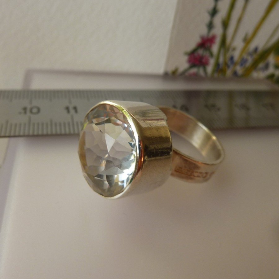 Äkta vintage fin silver ring m stor sten bergkristall st 17 design HANSEN Q9 S