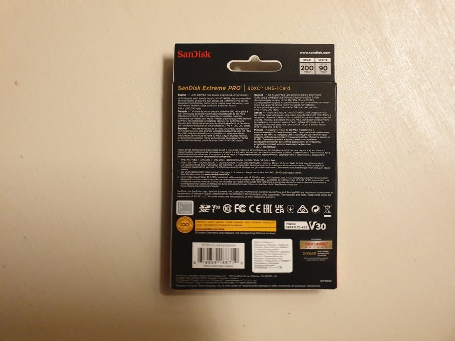 SanDisk Extreme Pro SDXC Class 10 UHS-I U3 V30 200/90MB/s 64GB