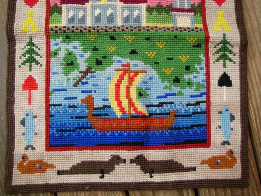 Gammal Vepa Broderad Väggbonad Korsnäs 1985 Vikingaskepp