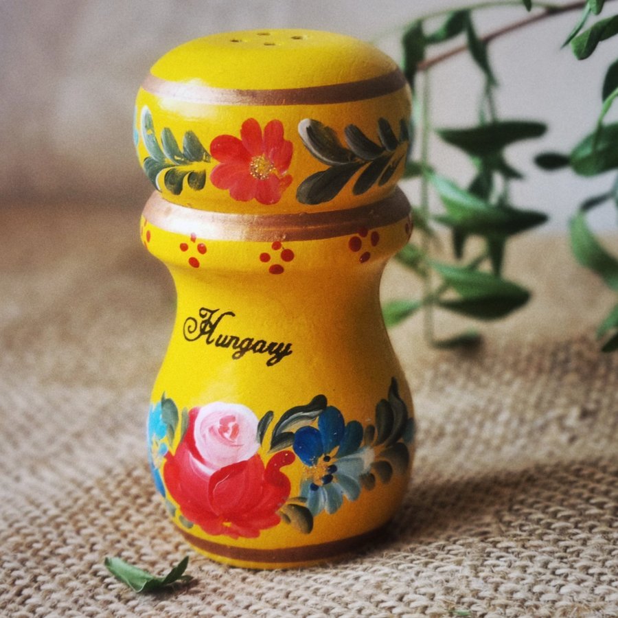 Vintage Hungarian Romantic Hand-painted Shaker | Retro Yellow Pink Blue Roses