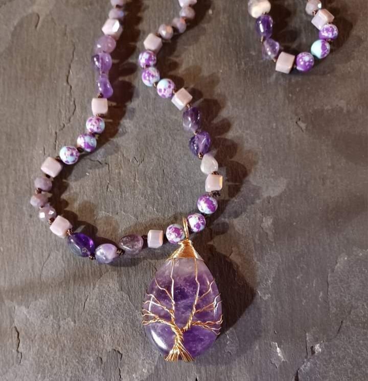 Hand Knotted Beaded Necklace, Amethyst, Sea Sediment Jasper Crystals