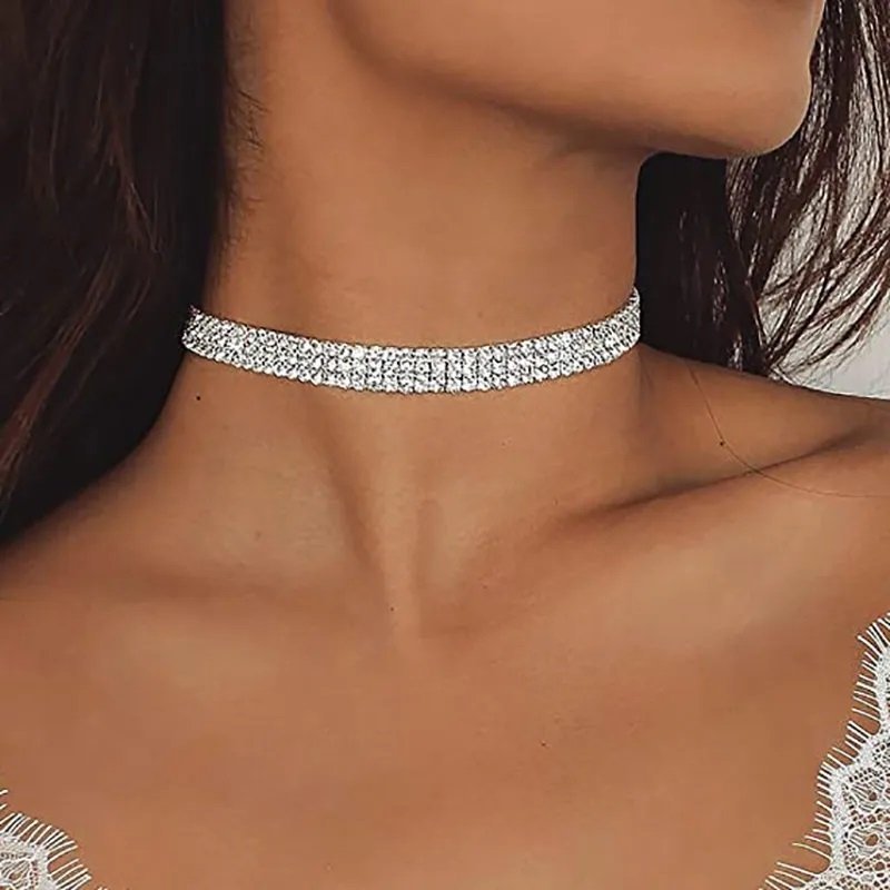 Snygg choker 3 rader kristaller strass silverpläterad jul fest halsband