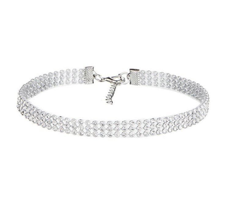 Snygg choker 3 rader kristaller strass silverpläterad jul fest halsband