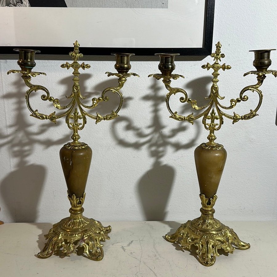 Vintage Italian Brass/Marble Candelabra Set