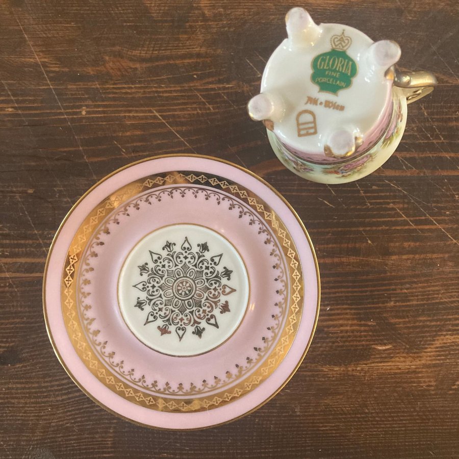 Kaffekopp mockakopp tassar kopp guld rosa kitsch sekelskifte retro Gloria Wien