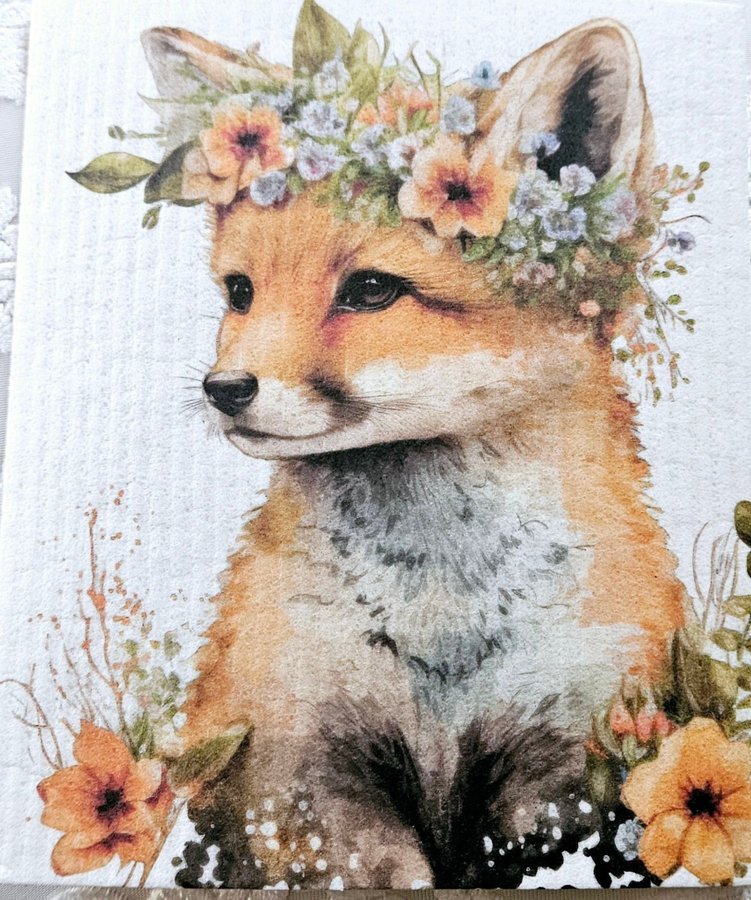 Disktrasa med tryck wettex print ursöt räv med blommor