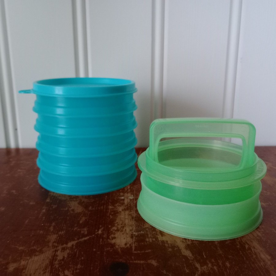 Tupperware hamburgerpress med 6 stapelbara frysburkar