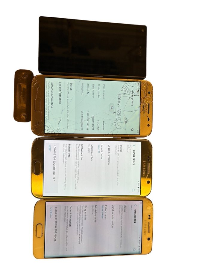 4 telefoner. Samsung s6, s6 edge, j3. Sony