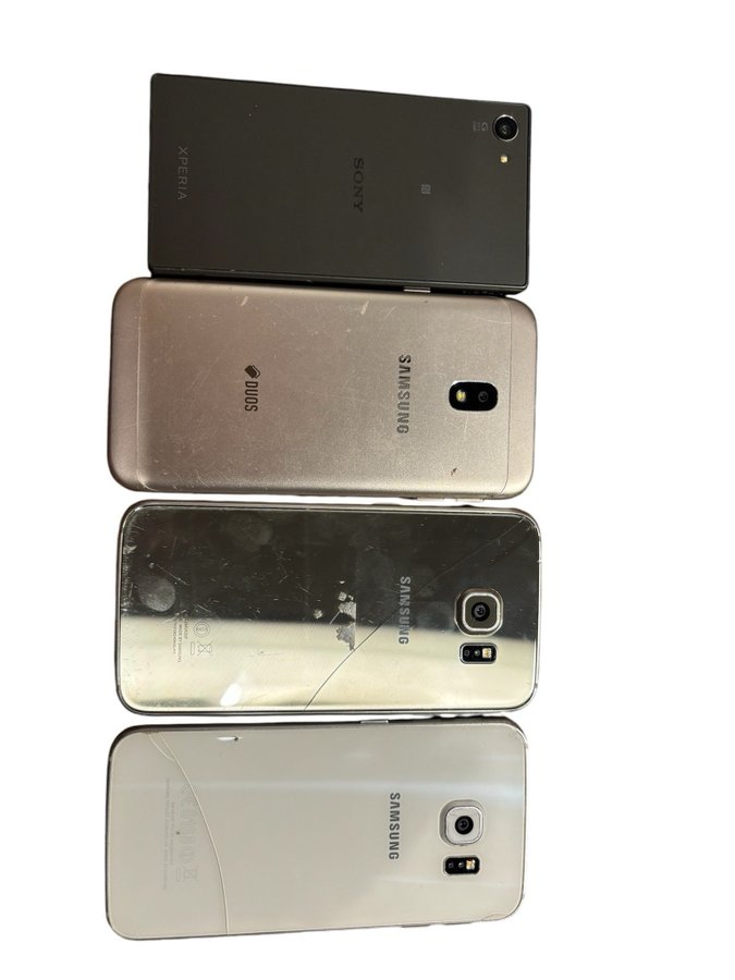 4 telefoner. Samsung s6, s6 edge, j3. Sony