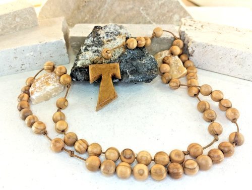 Tau oliv radband av St Francis Assisi stort handgjort korshalsband Rosary Cross