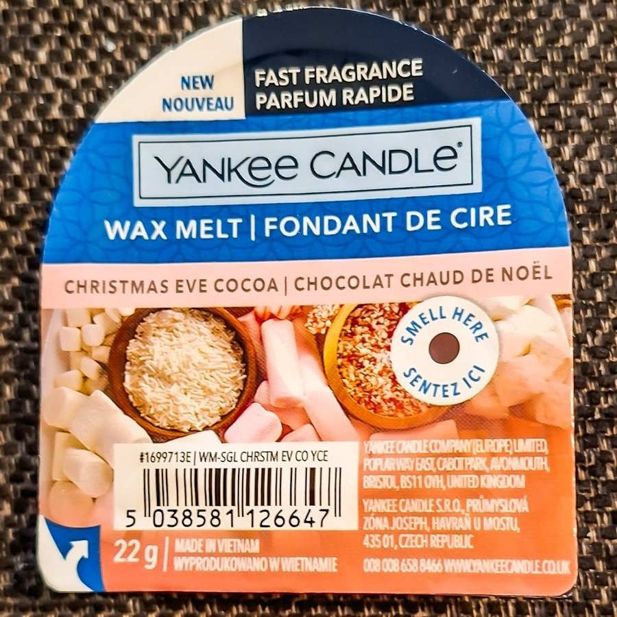 Yankee Candle vaxkaka "Christmas Eve Cocoa", JUL, Billig frakt.