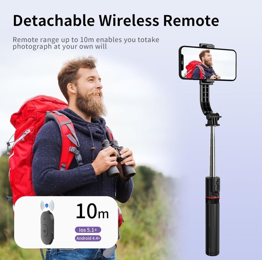 Selfie Stick with Stand, 113cm Extendable, 360° Rotatable, with Remote