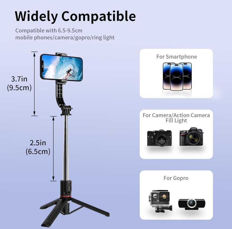 Selfie Stick with Stand, 113cm Extendable, 360° Rotatable, with Remote