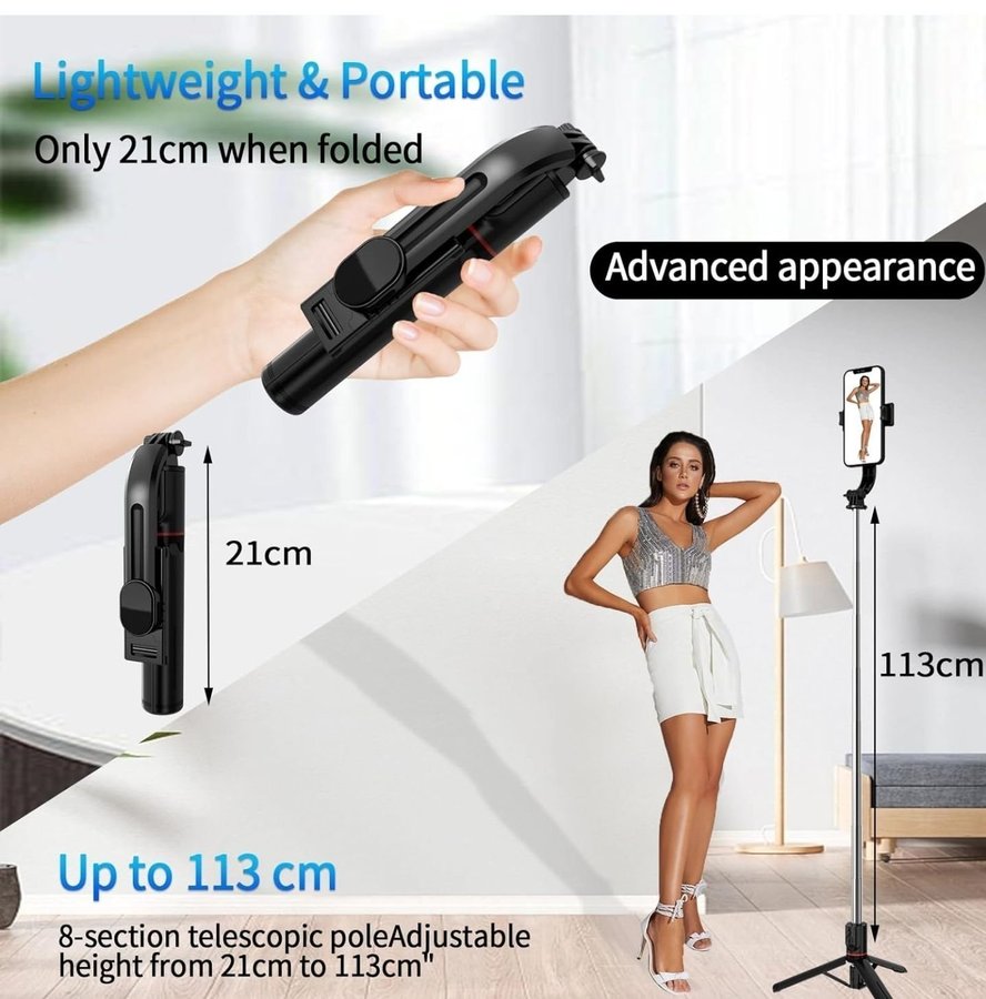 Selfie Stick with Stand, 113cm Extendable, 360° Rotatable, with Remote