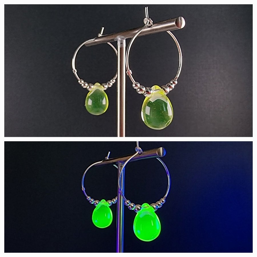 Kreoler i sterlingsilver m en stor droppe i URANGLAS gul URANIUM earrings