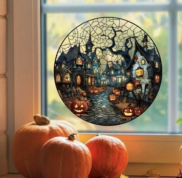 Halloween Fönsterklistermärke - Spöklika hus och pumpor 22,9 cm