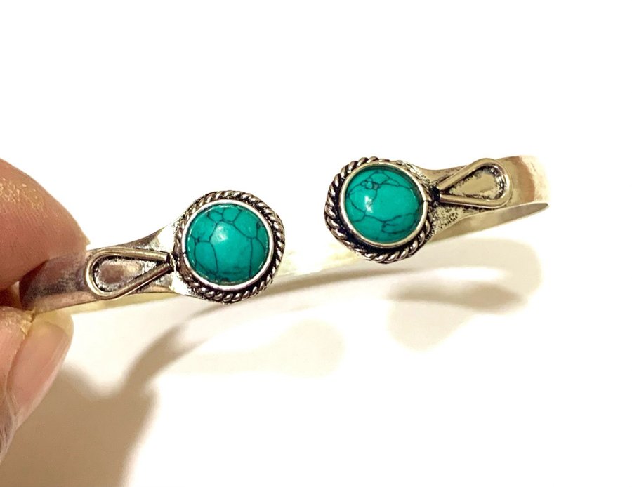 Turquoise silver 925 open bangle adjustable- stone queen