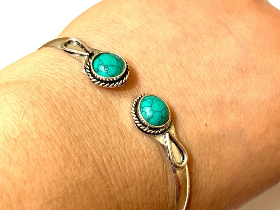 Turquoise silver 925 open bangle adjustable- stone queen