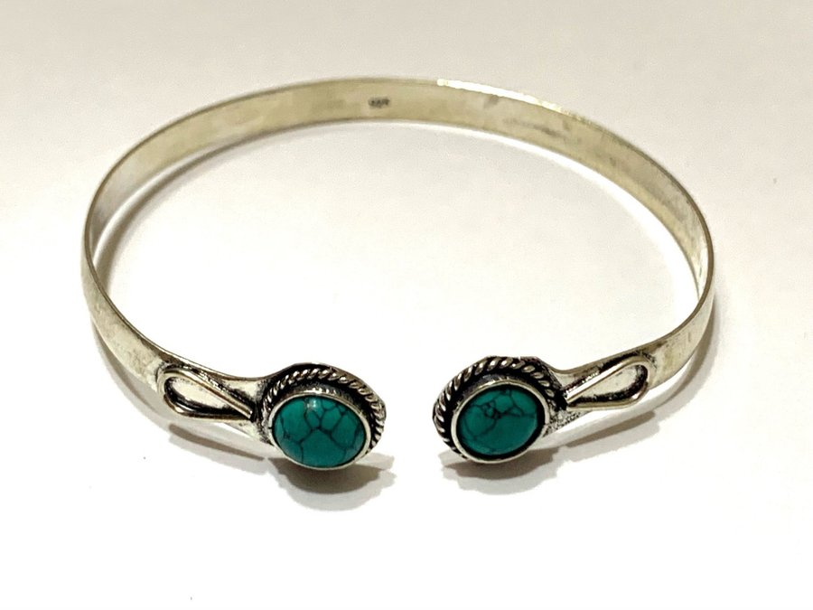 Turquoise silver 925 open bangle adjustable- stone queen