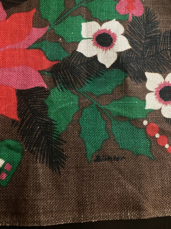 Retro julduk, löpare, Bühler, brun, jute, vintage, tryck, blommor, jul, duk