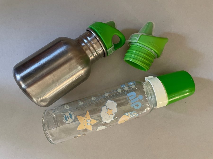 Klean Kanteen munstycke och vattenflaska rostfri samt nappflaska i glas Nip