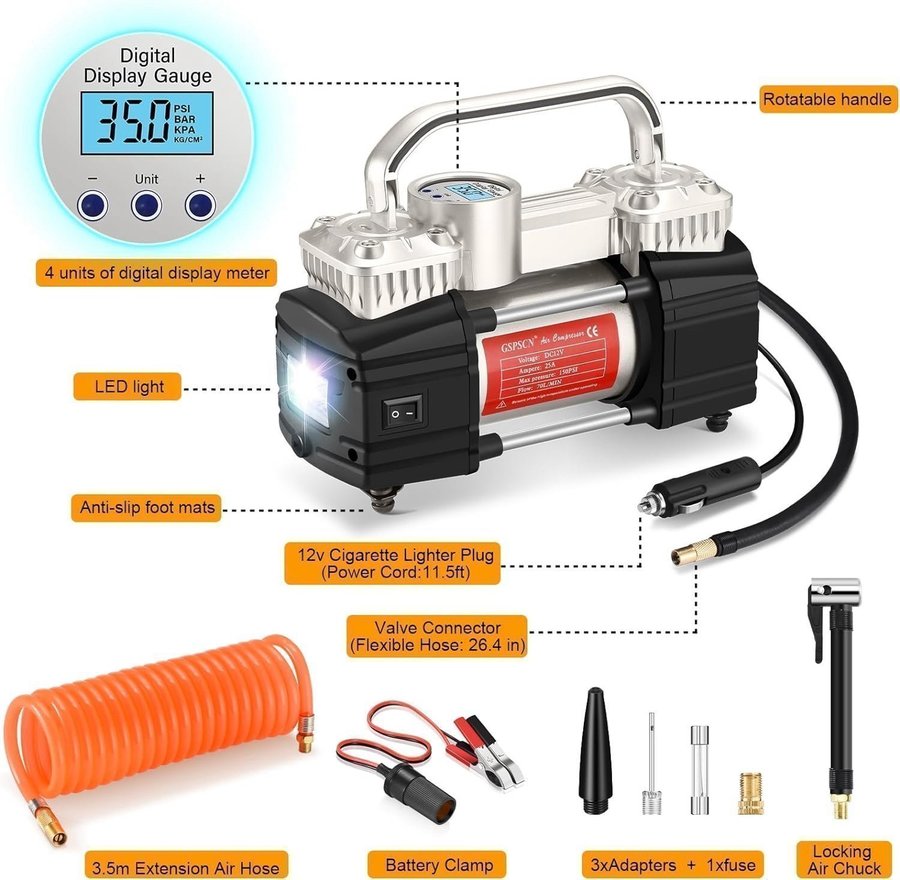 NY inplastad kompressor för bil mc madrass leksak 12v pump LED kvalitet psi