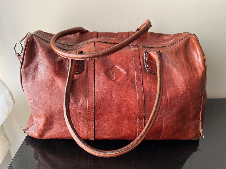 vintage retro cognac stor tote bag väska shopper skinn läder