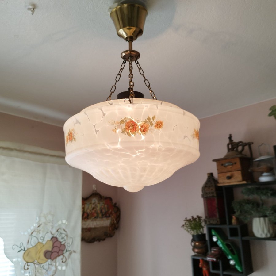 Vintage TAKPLAFOND Art Deco-stil 1940-/50 tal i frostat glas och mässing