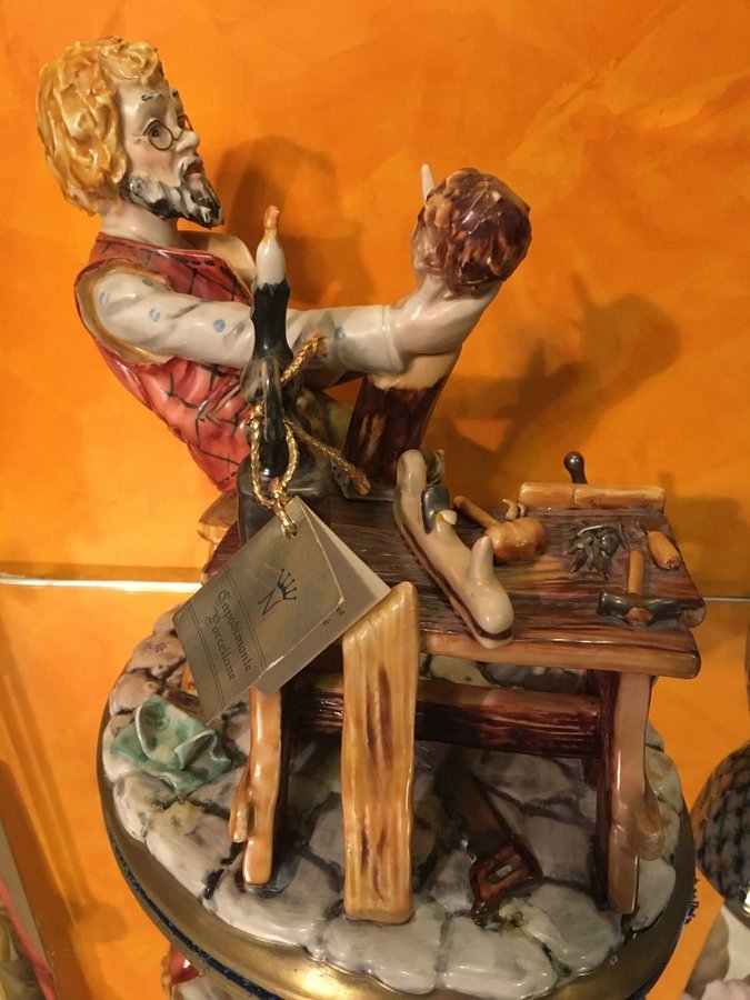 Capodimonte porslin Geppetto och Pinocchio Italien 50 tal