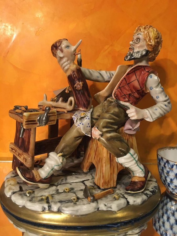 Capodimonte porslin Geppetto och Pinocchio Italien 50 tal