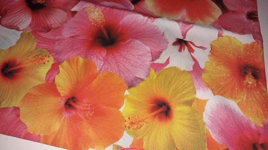 Tyg väska / Tyg kasse med färg glada hibiskusblommor