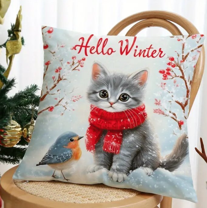 Jul/Vinter Kuddfodral m kattmotiv 45X45 cm Polyester m mjuk struktur