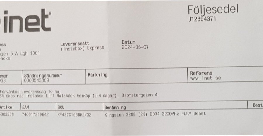 Helt Nya Oöppnade Kingston Fury Beast 32GB (2x16GB) DDR4 3200MHz CL16