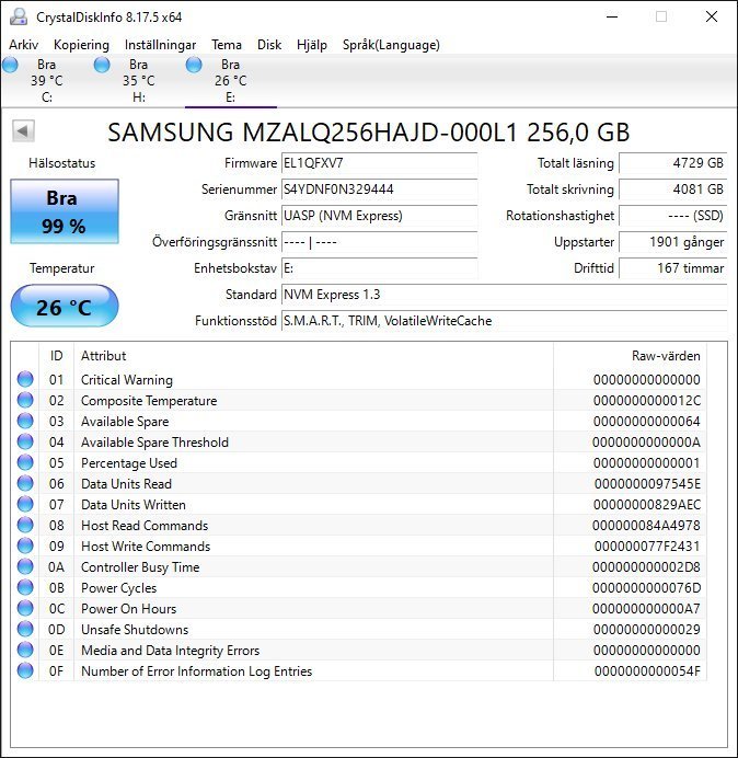 SSD Samsung modell : m2  NVMe  256GB formfaktor 2240