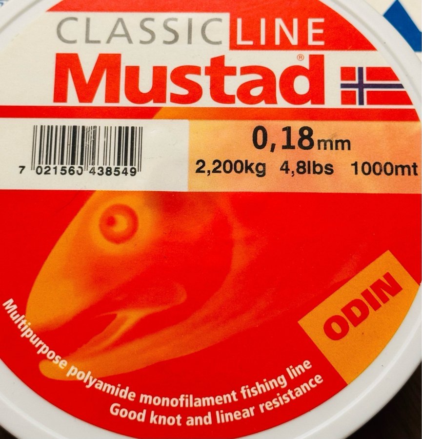 MUSTAD fiskelina 0,18 . 1000 meter på spolen . Utrop 1kr